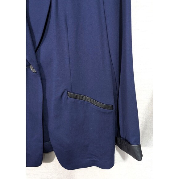 Susan Graver Size 12 Ponte Knit Blue Blazer with Black Faux Leather Trim Career - Picture 12 of 16